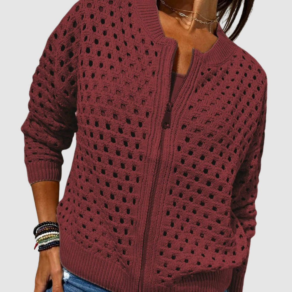 Open-Knit Zip-Up Cardigan Jacket