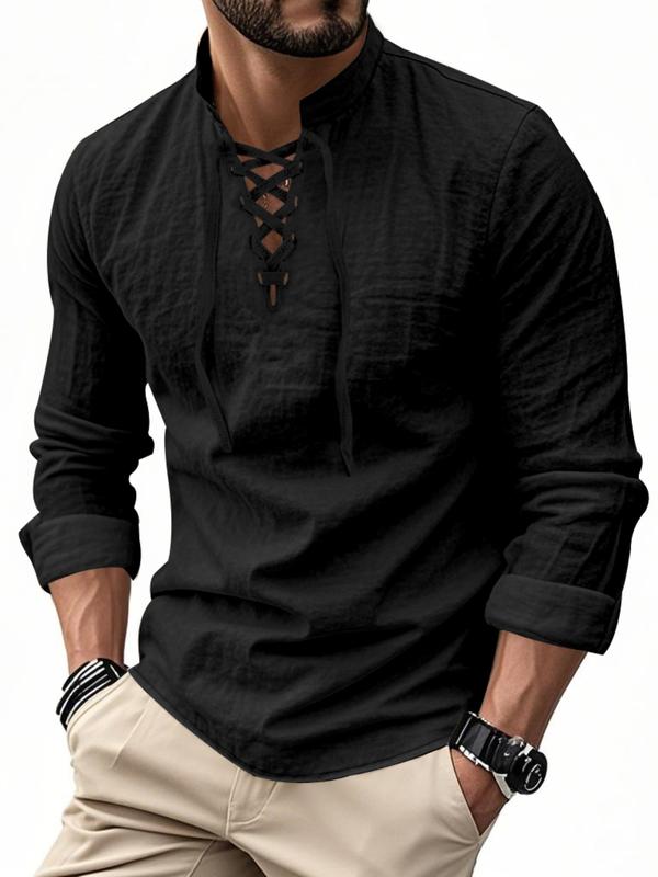 Men's Lace-Up Textured Long Sleeve Shirt