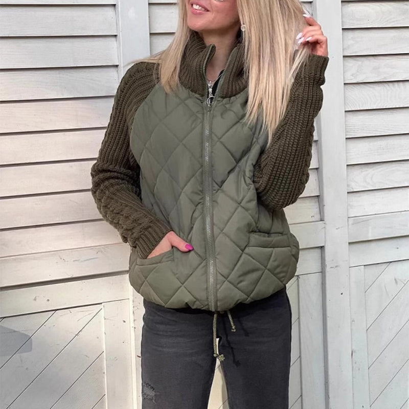 Quilted Zip Jacket with Cable-Knit Sleeves