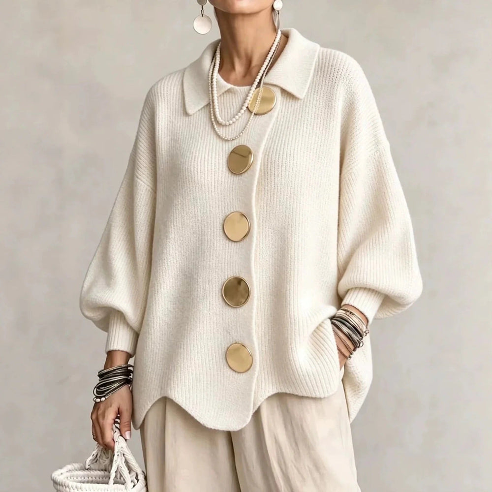 Oversized Collared Cardigan with Scalloped Hem