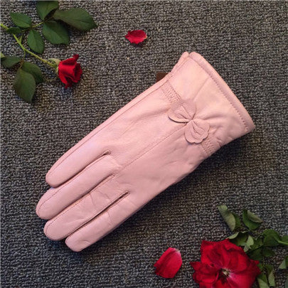 Bow-Trim Leather-Look Winter Gloves