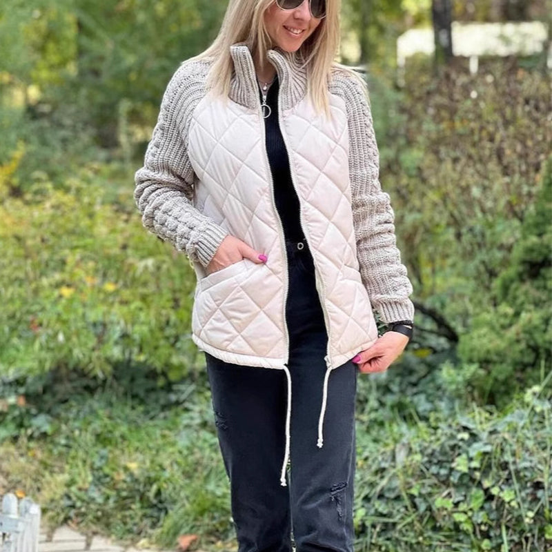 Quilted Zip Jacket with Cable-Knit Sleeves