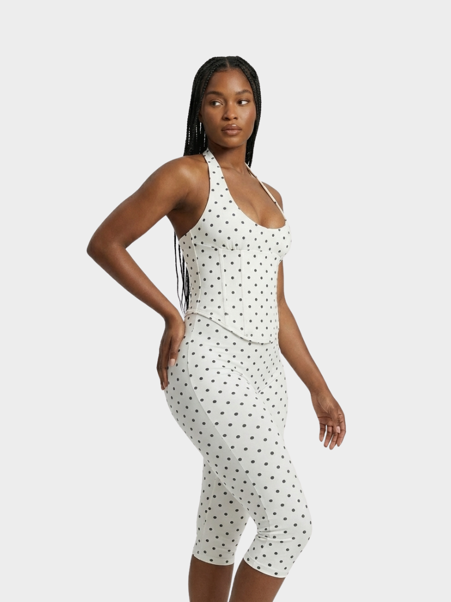 Polka Dot Halter Capri Jumpsuit with Corset Belt