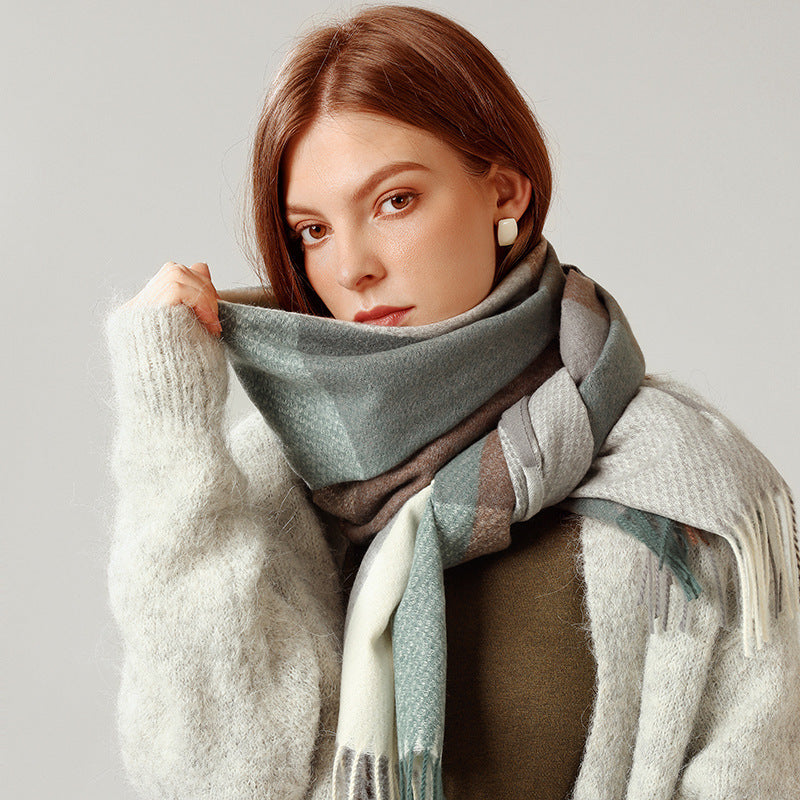 Color-Block Plaid Fringe Blanket Scarf