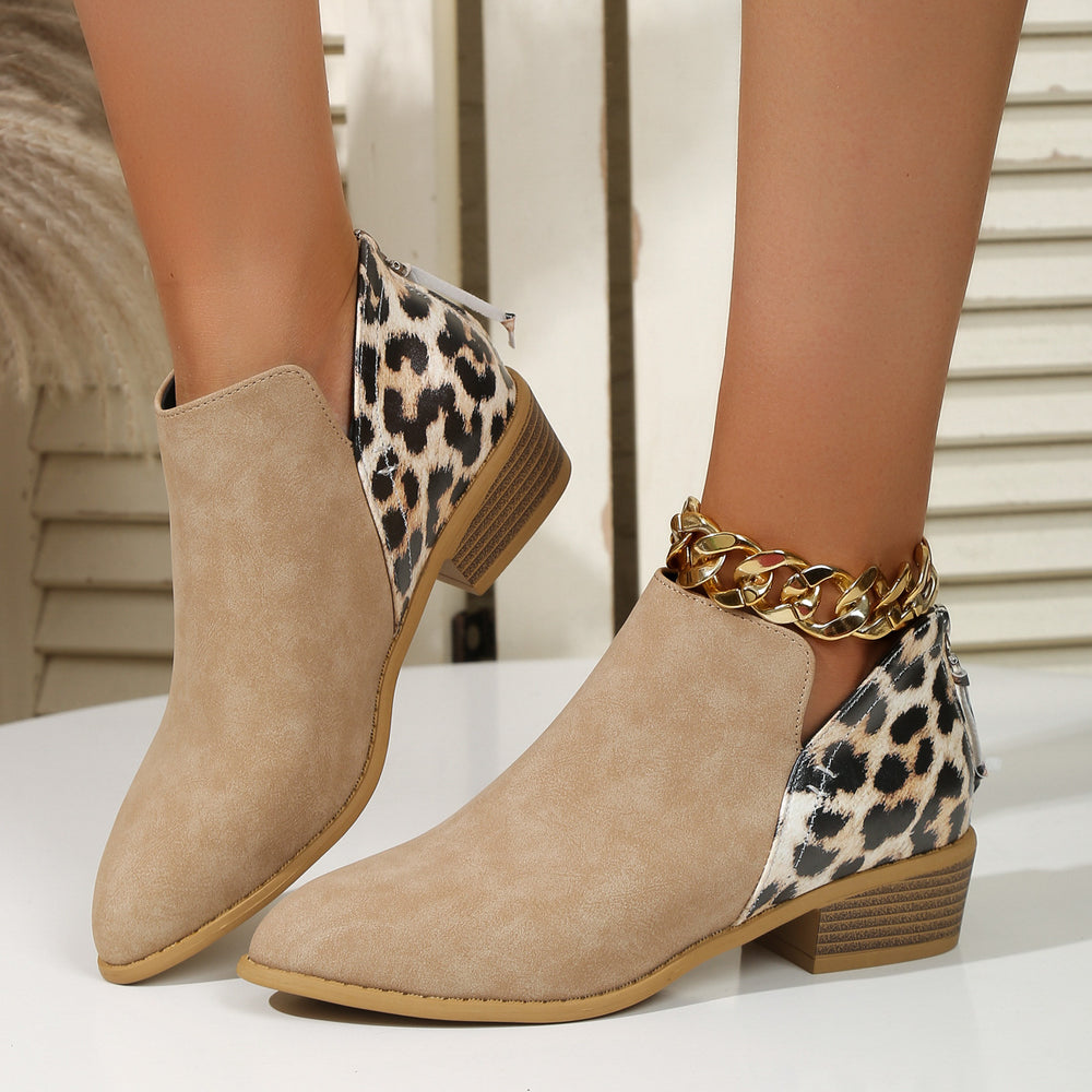 Leopard-Panel Pointed Toe Block Heel Ankle Booties