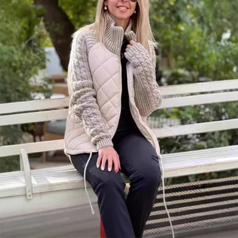 Quilted Zip Jacket with Cable-Knit Sleeves