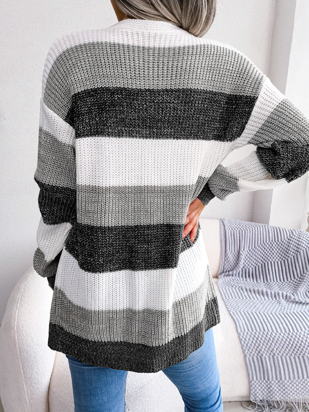 Colorblock Stripe Open-Front Knit Cardigan