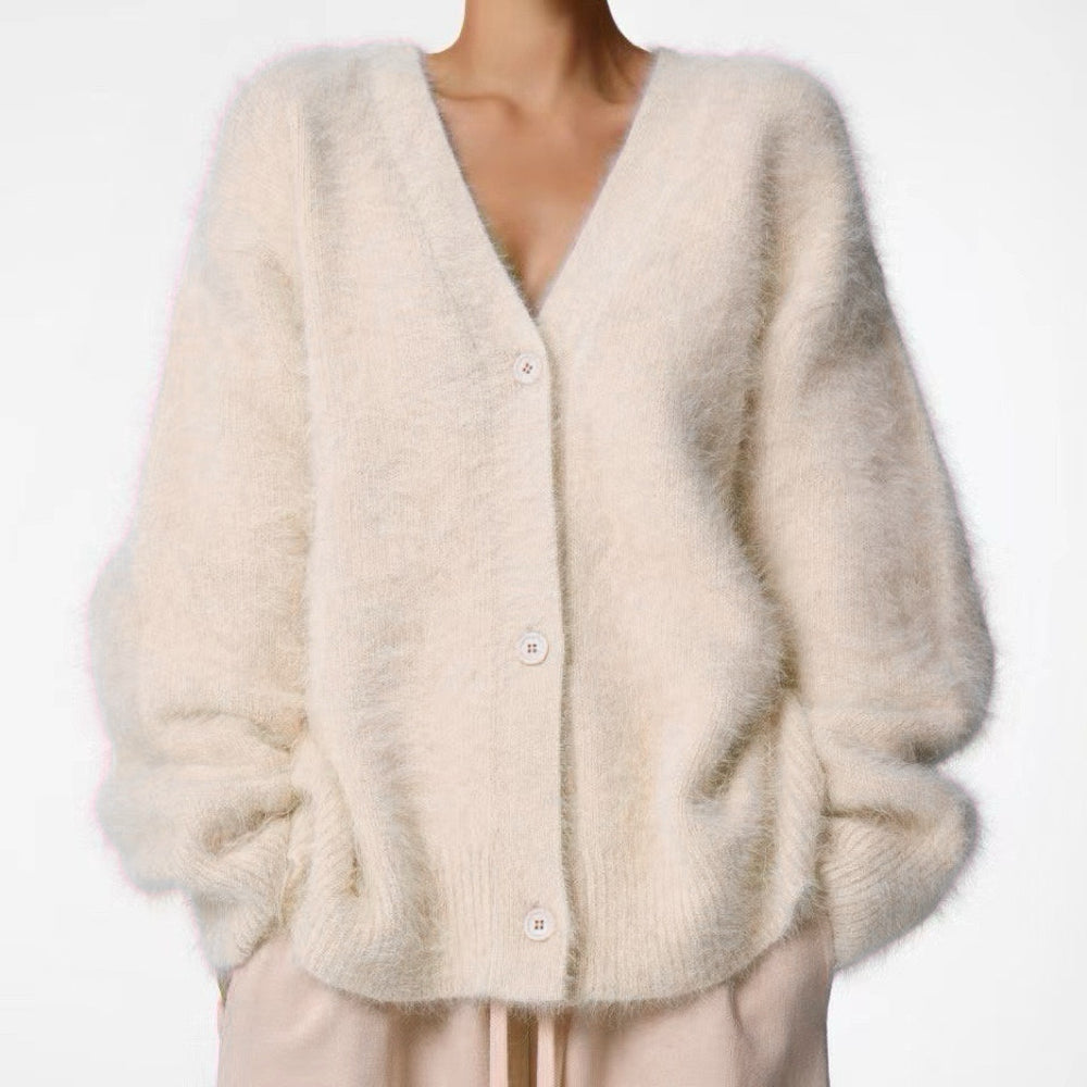 Fuzzy Oversized V-Neck Button Cardigan