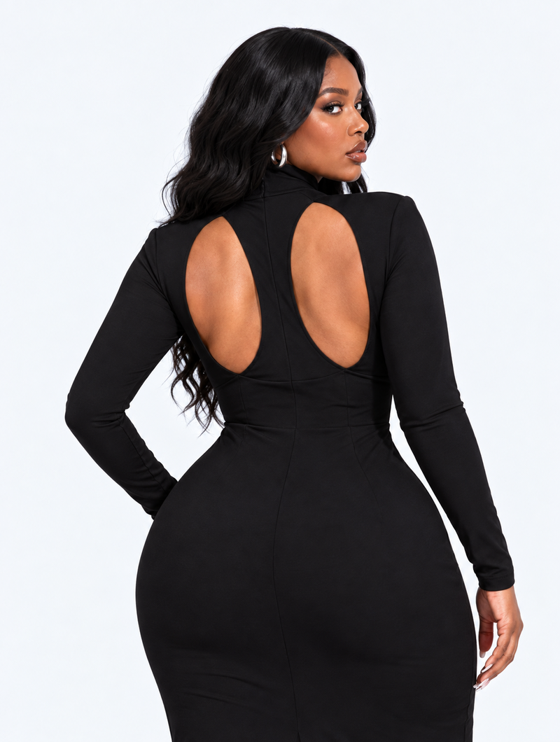 Cutout Mock Neck Long Sleeve Maxi Dress