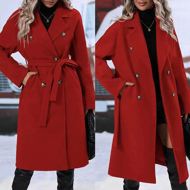 Belted Double-Breasted Wool-Look Long Coat