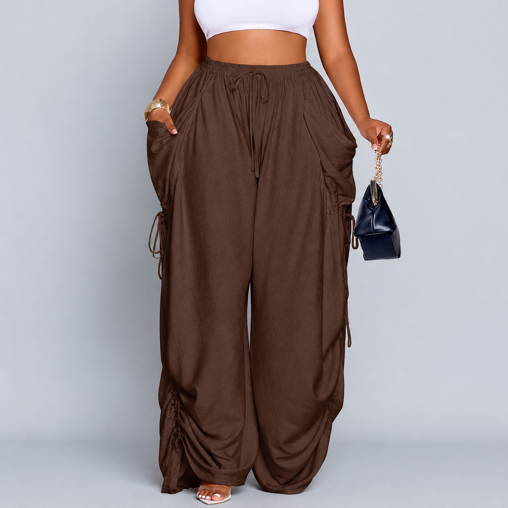 Ruched Wide-Leg Drawstring Pants