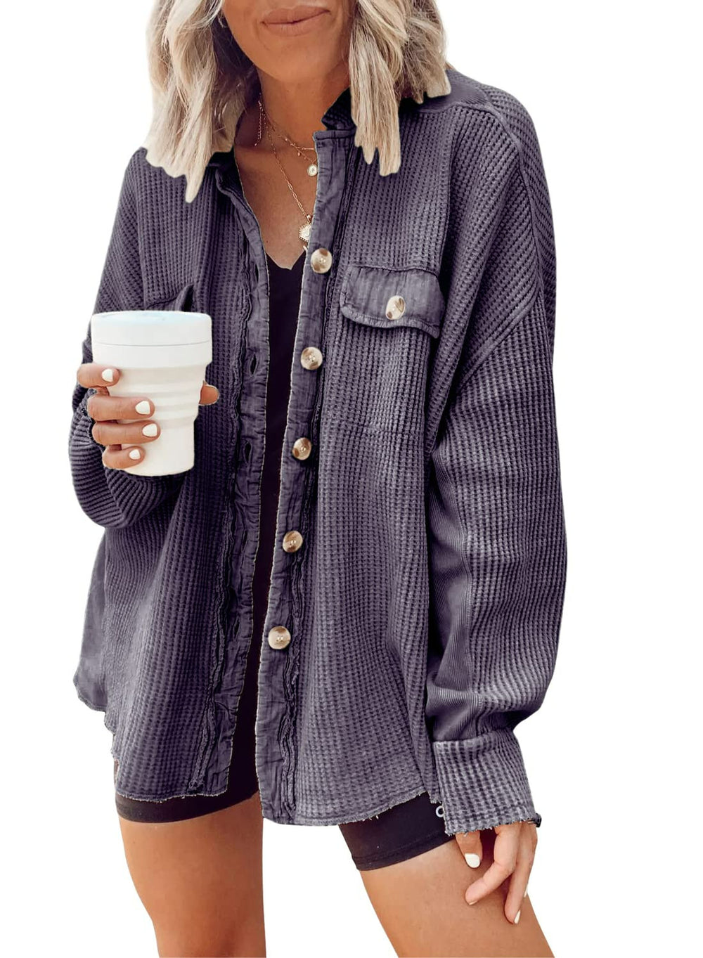 Oversized Waffle-Knit Shirt Jacket