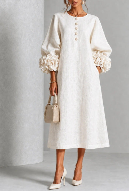 Textured Midi Dress with Rosette Cuffs