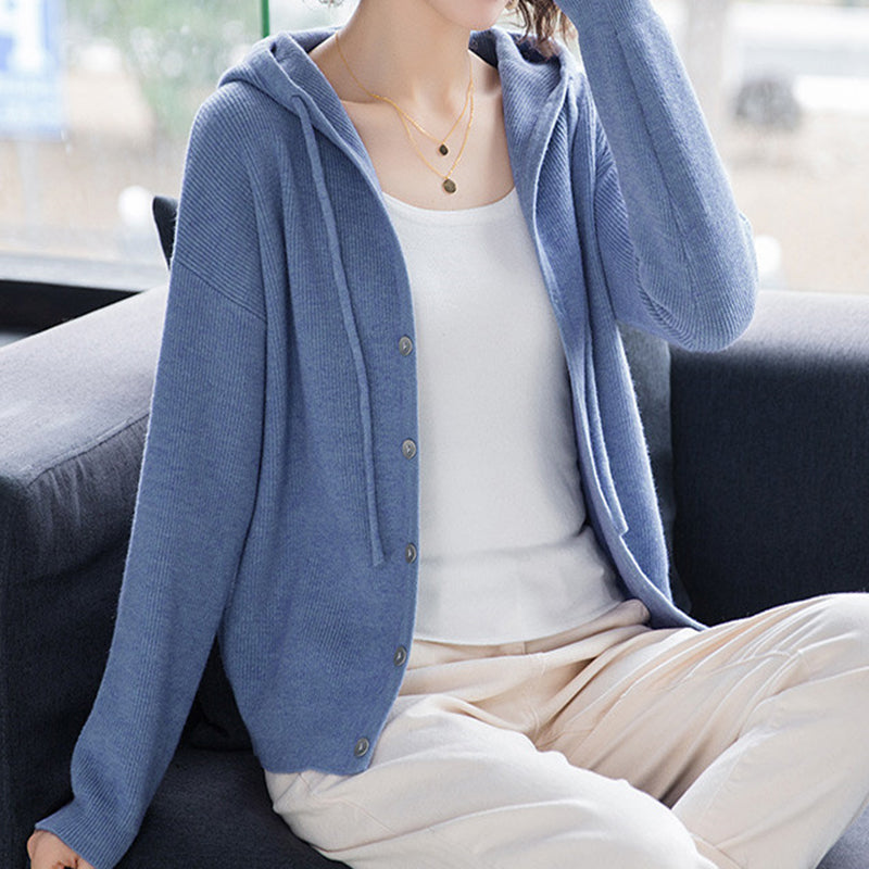 Hooded Button-Front Knit Cardigan