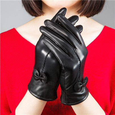 Bow-Trim Leather-Look Winter Gloves
