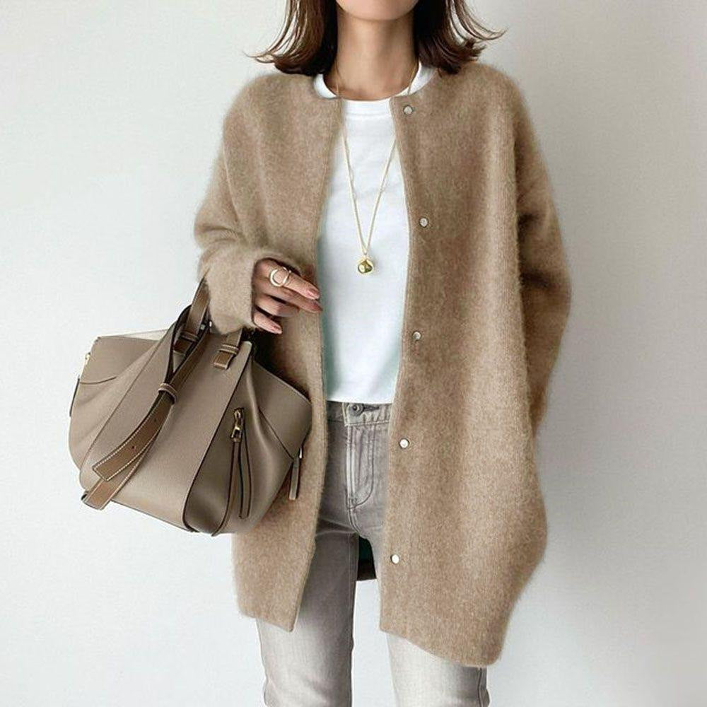 Fuzzy Knit Crew-Neck Long Cardigan