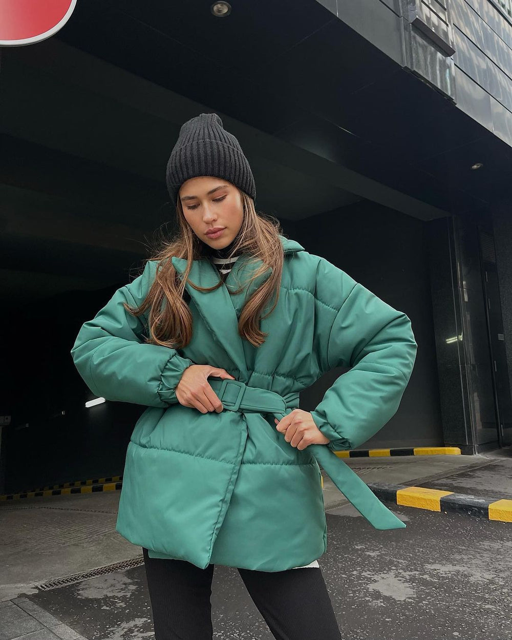 Belted Wrap Puffer Jacket with Lapel Collar