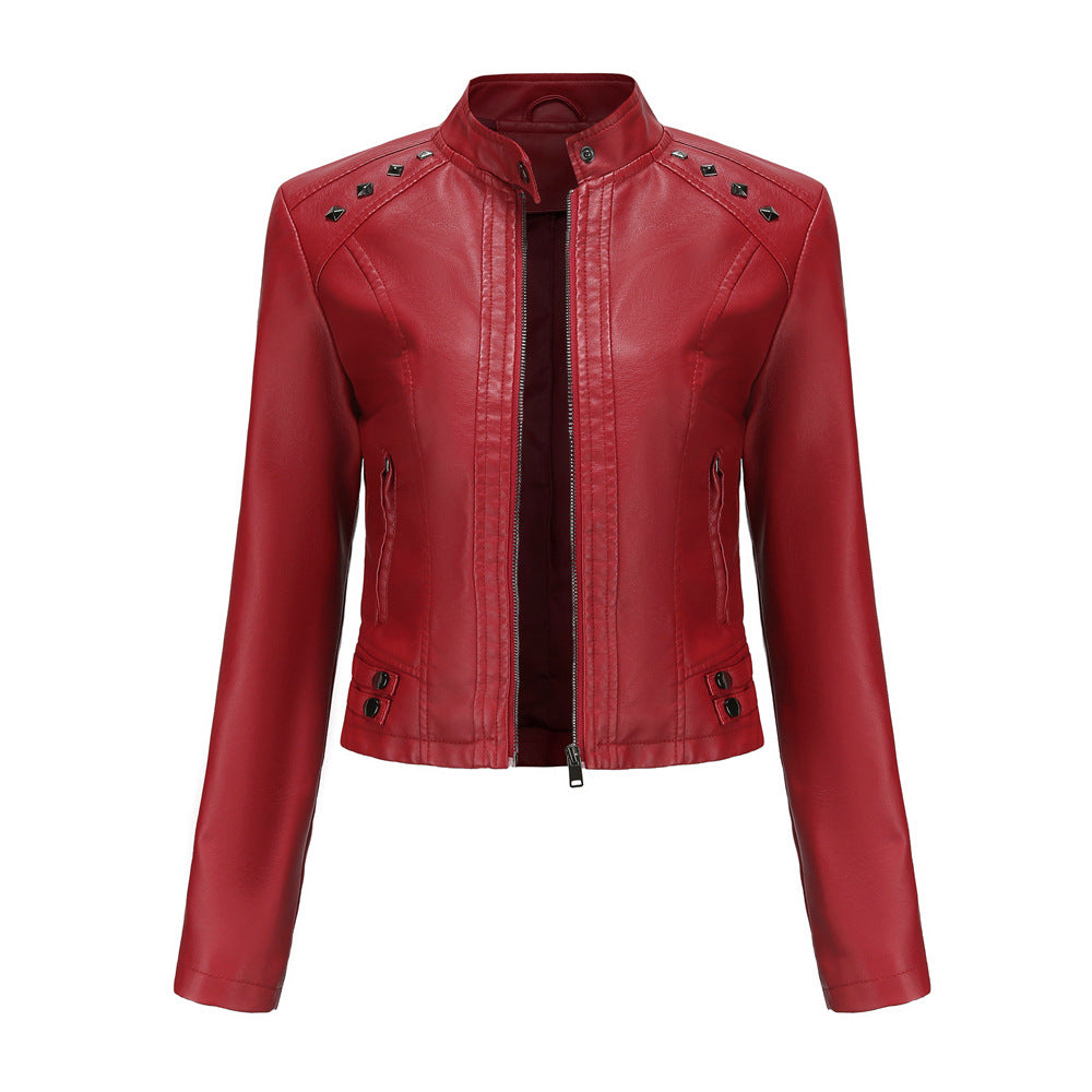 Stand-Collar Studded Faux Leather Moto Jacket