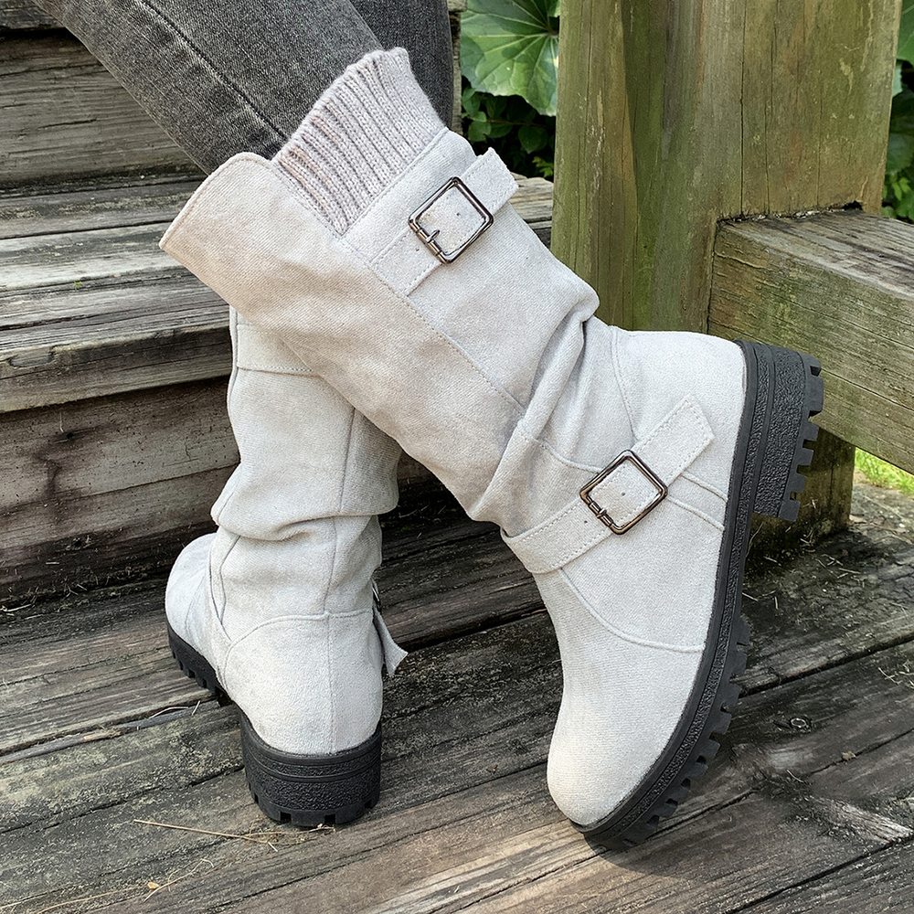 Slouchy Buckle Mid-Calf Boots with Knit Cuff