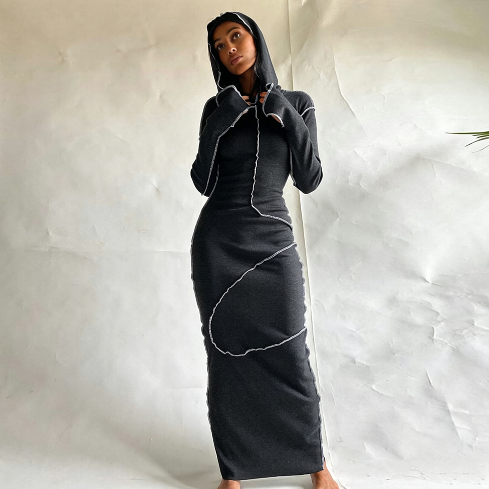 Contrast-Stitch Hooded Bodycon Maxi Dress