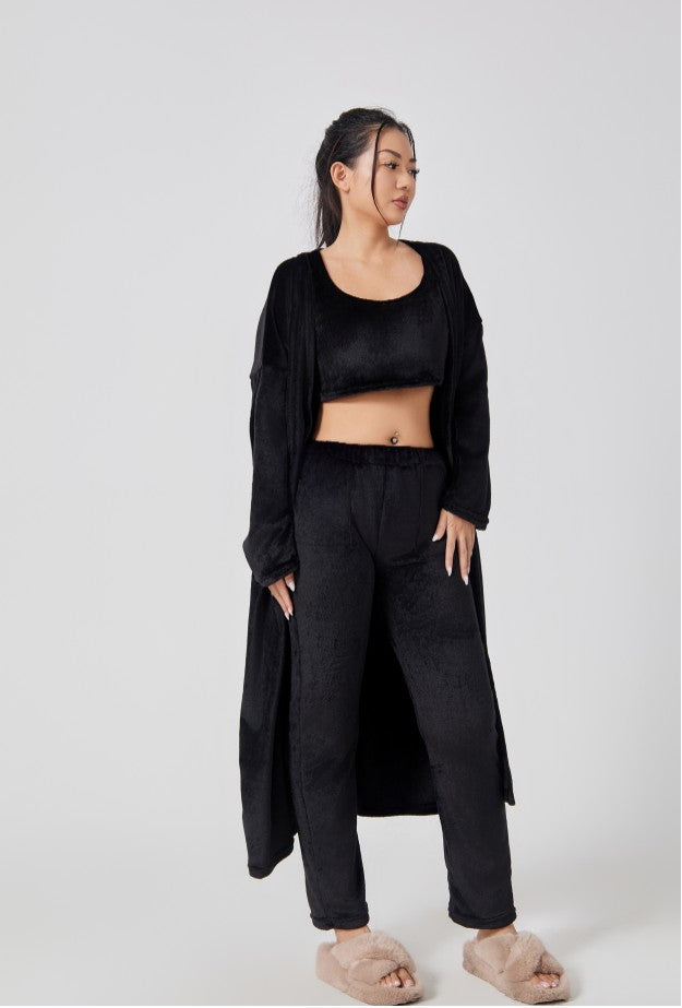 Fuzzy Knit 3-Piece Long Cardigan Lounge Set