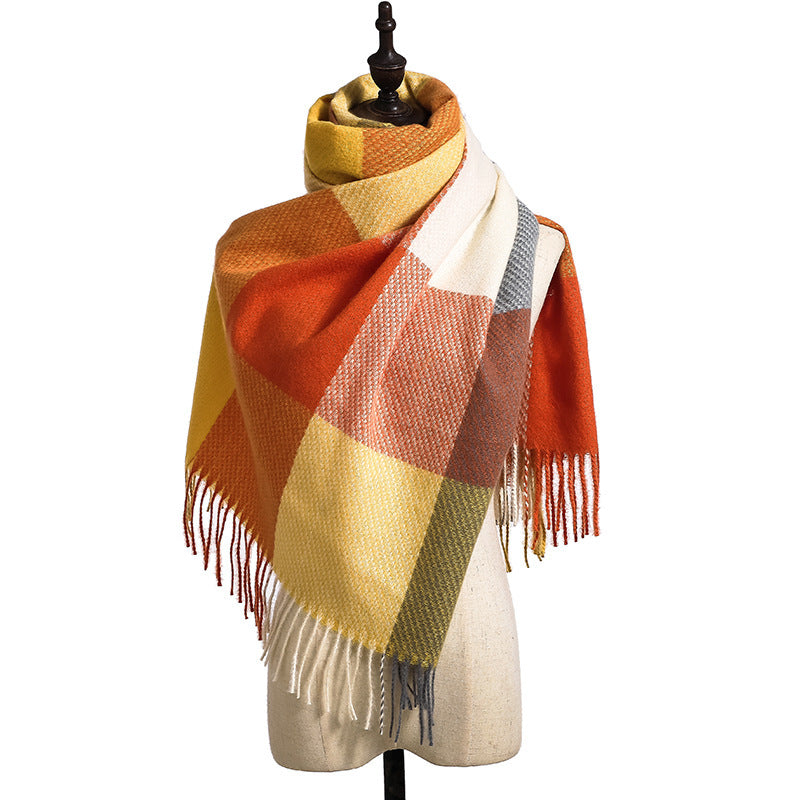 Color-Block Plaid Fringe Blanket Scarf