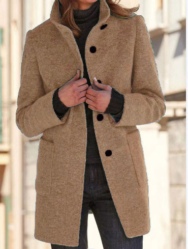 Stand-Collar Wool-Look Button Coat