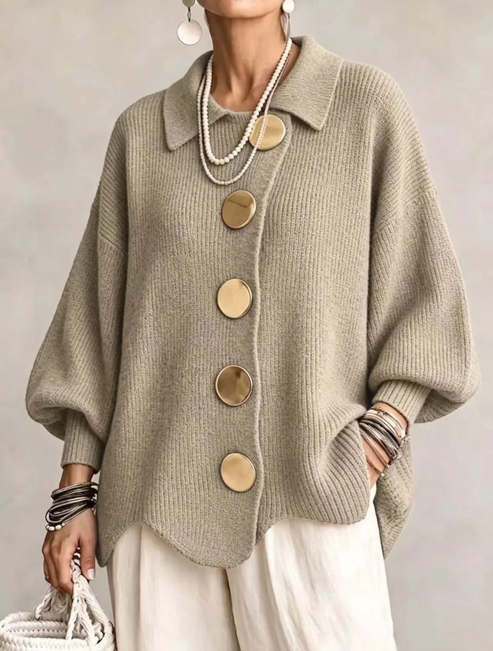 Oversized Collared Cardigan with Scalloped Hem