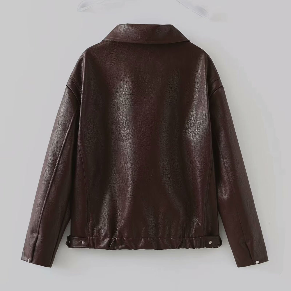 Cropped Faux Leather Collared Zip Jacket