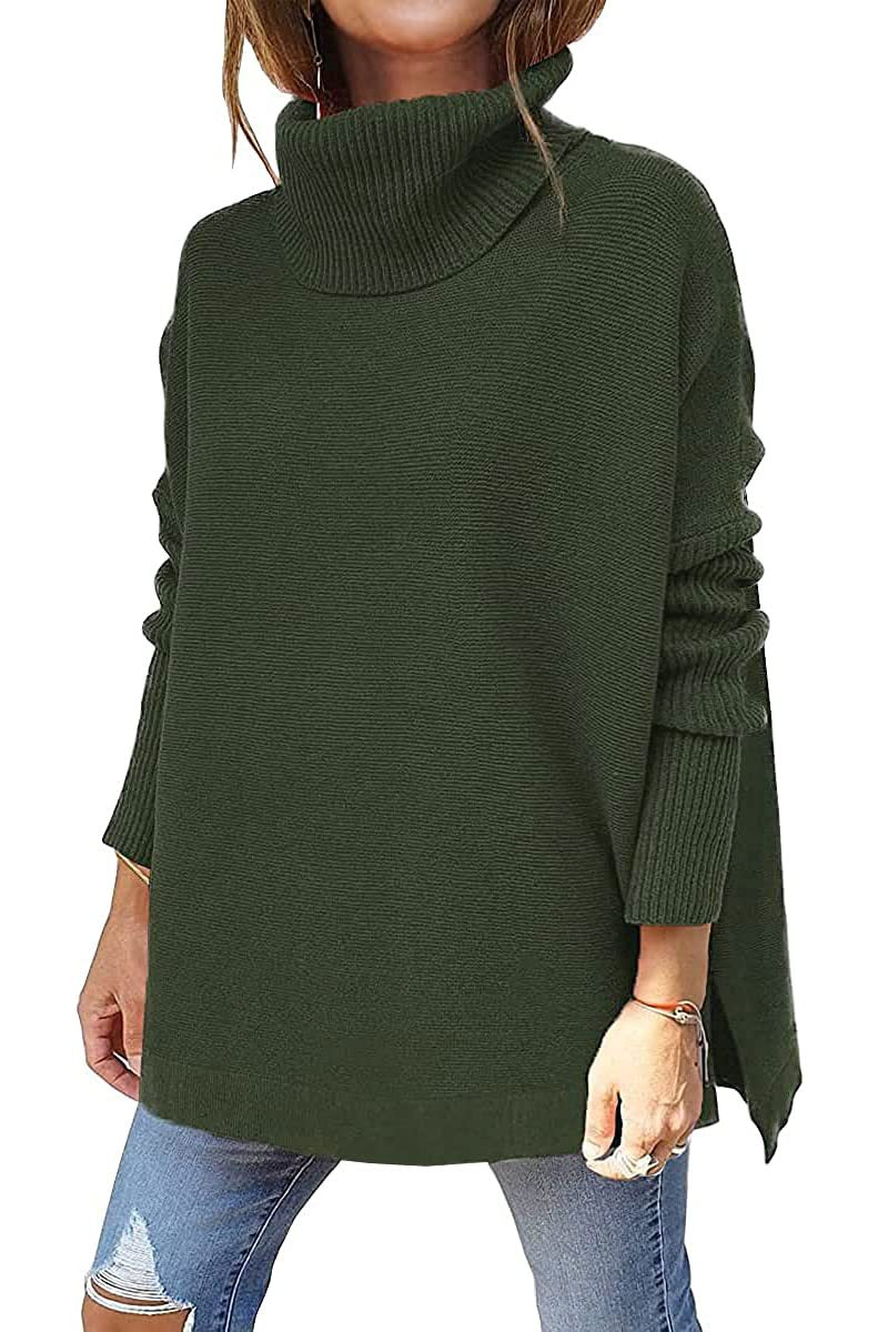 Oversized Turtleneck Split-Hem Tunic Sweater
