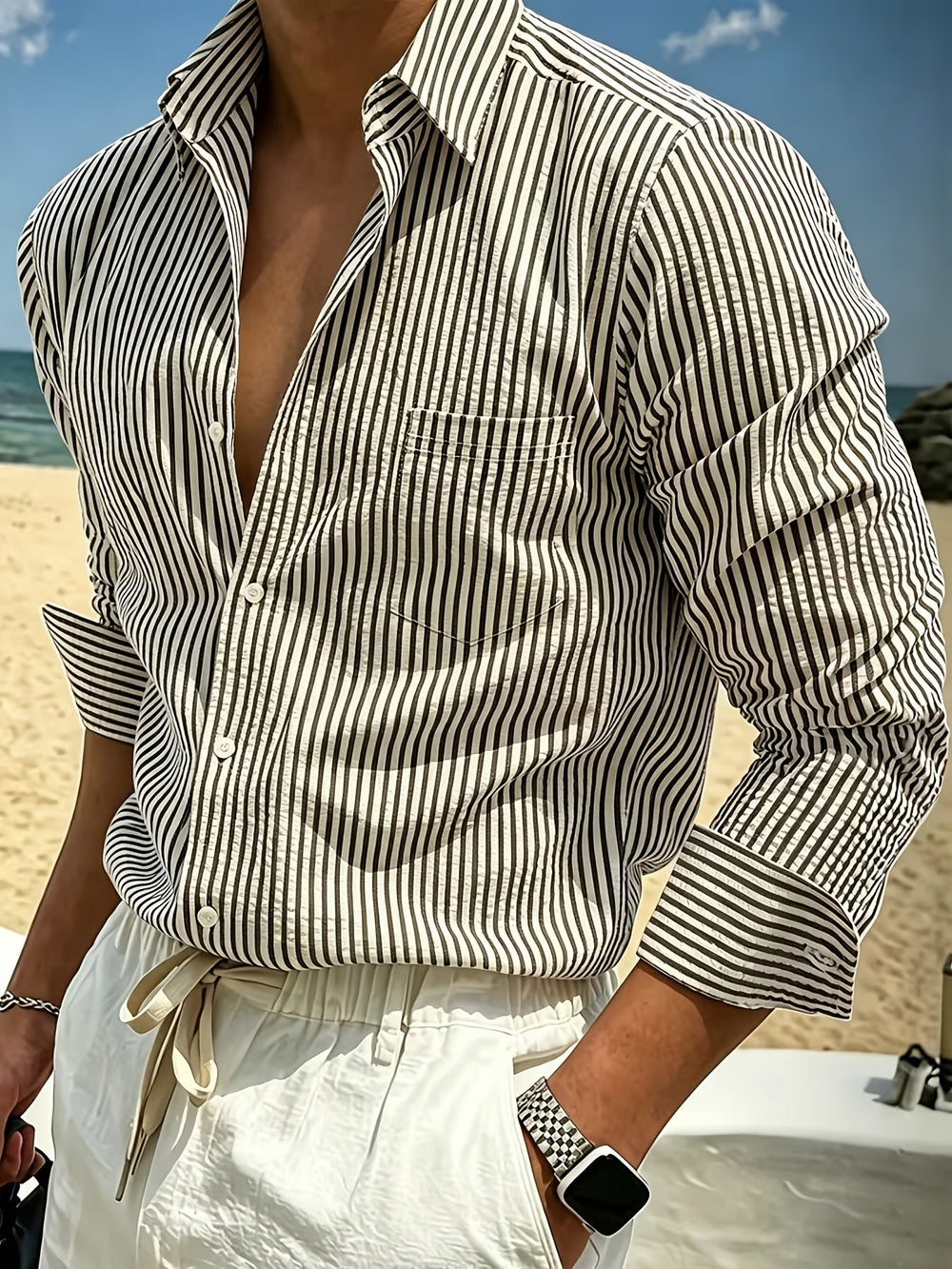 Men's Striped Seersucker Long Sleeve Shirt