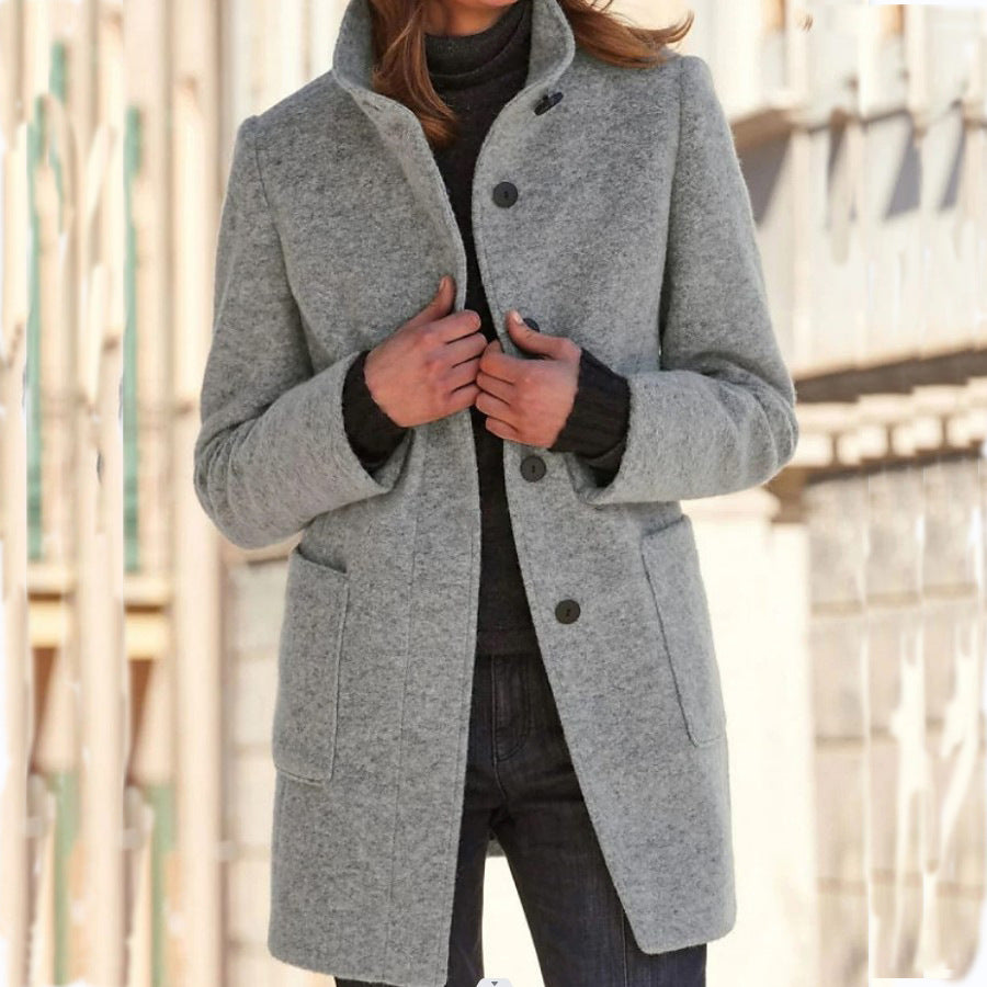 Stand-Collar Wool-Look Button Coat
