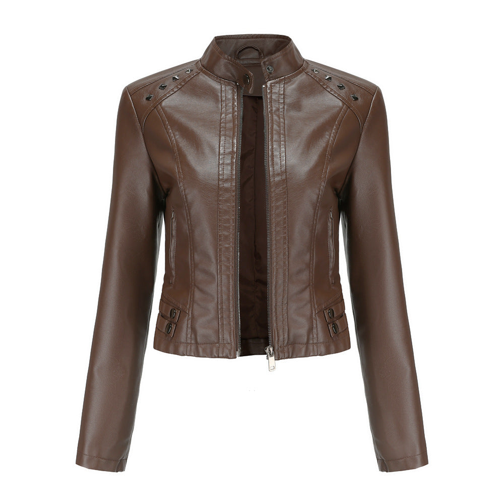 Stand-Collar Studded Faux Leather Moto Jacket