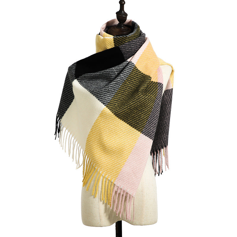 Color-Block Plaid Fringe Blanket Scarf