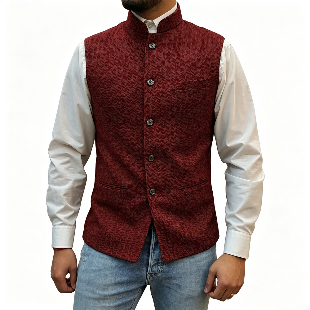 Men's Mandarin Collar Tweed-Style Vest