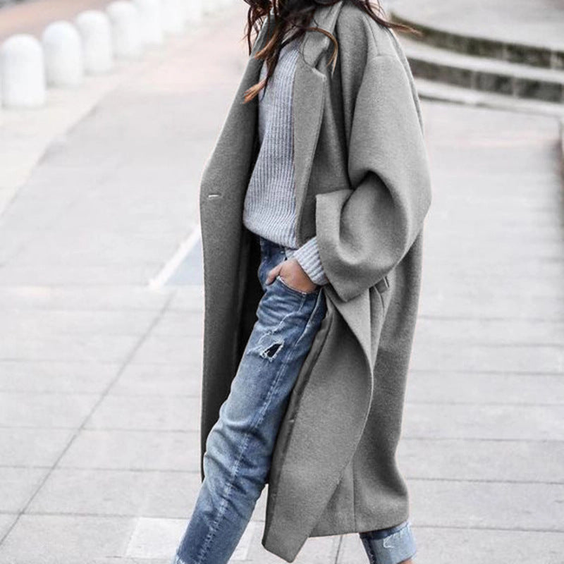 Long Wool-Look Lapel Coat with Pockets