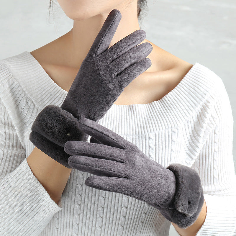 Faux Suede Winter Gloves with Pom-Pom or Plush Cuff