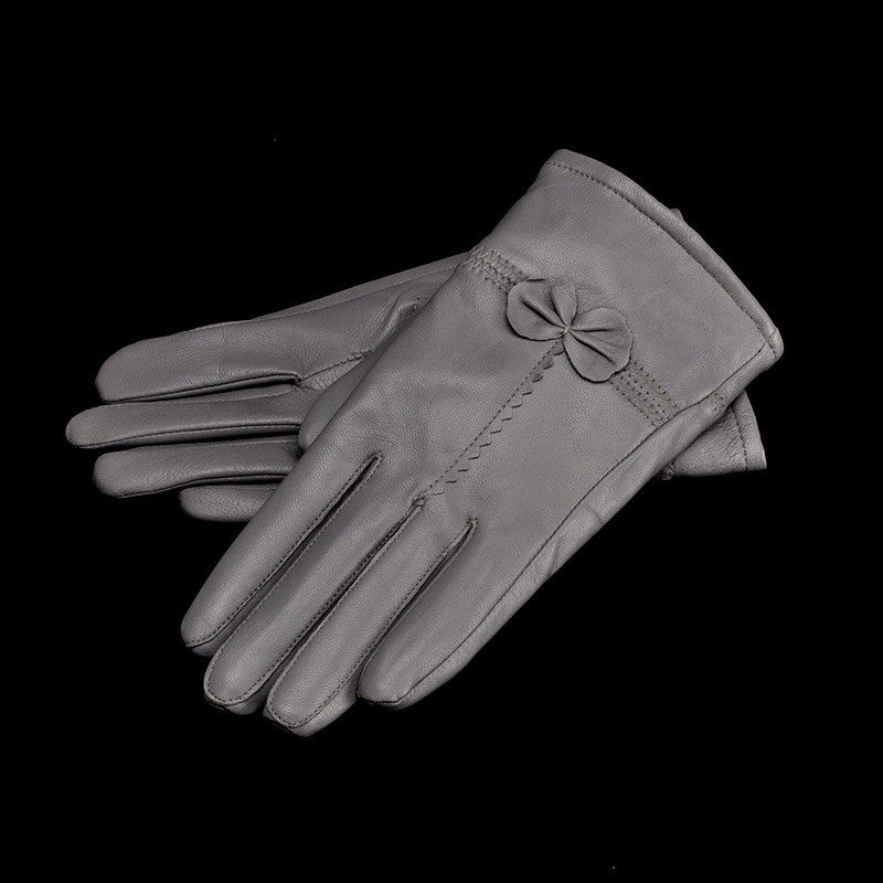 Bow-Trim Leather-Look Winter Gloves