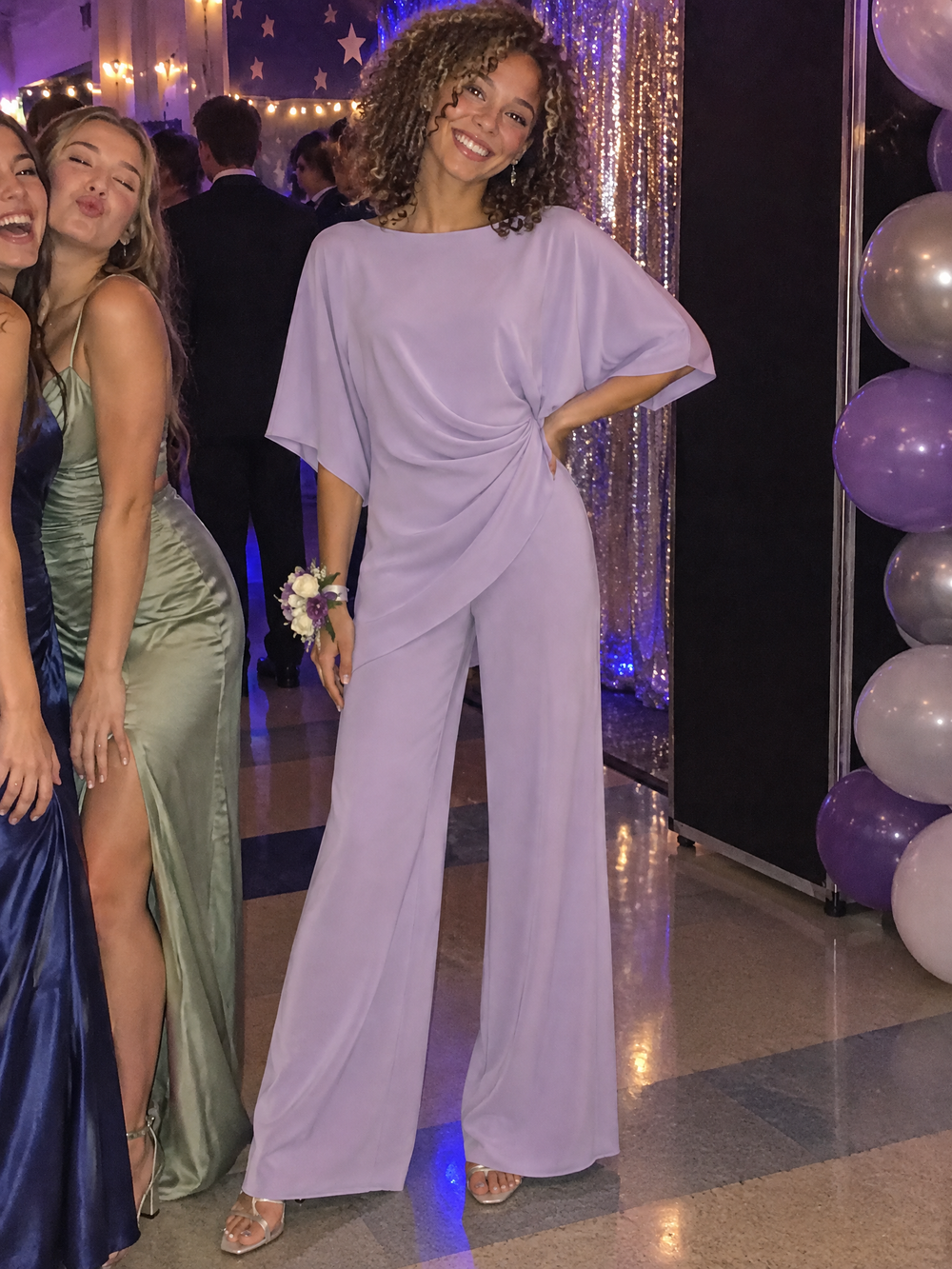 Draped Cape-Sleeve Top and Wide-Leg Pants Set