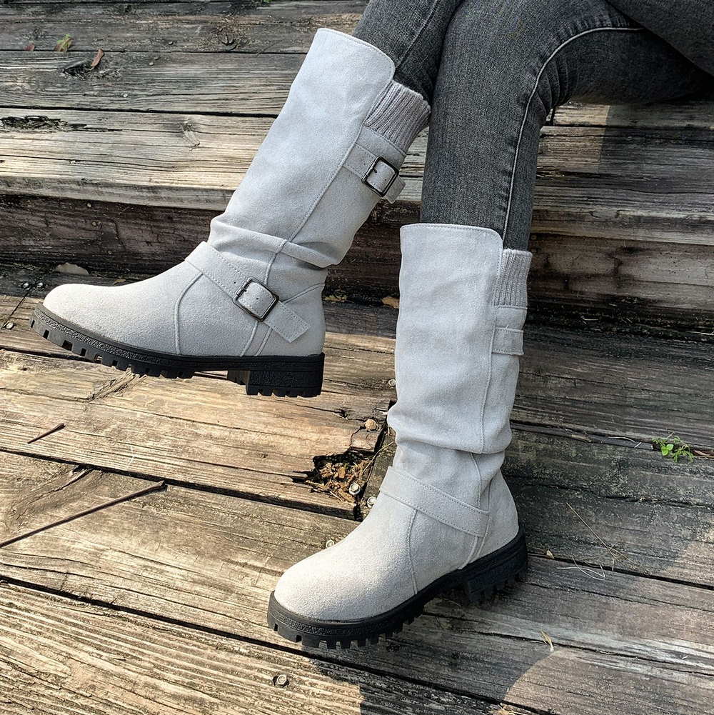Slouchy Buckle Mid-Calf Boots with Knit Cuff