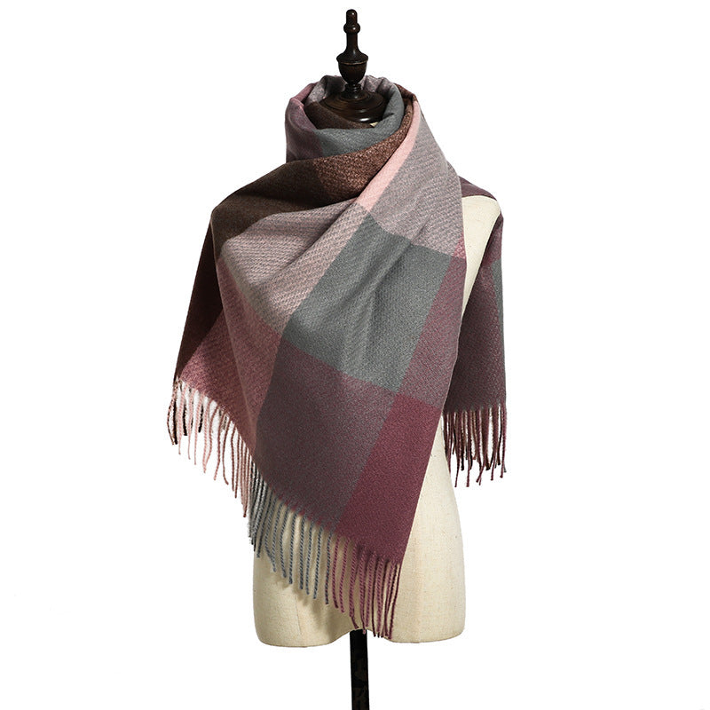 Color-Block Plaid Fringe Blanket Scarf