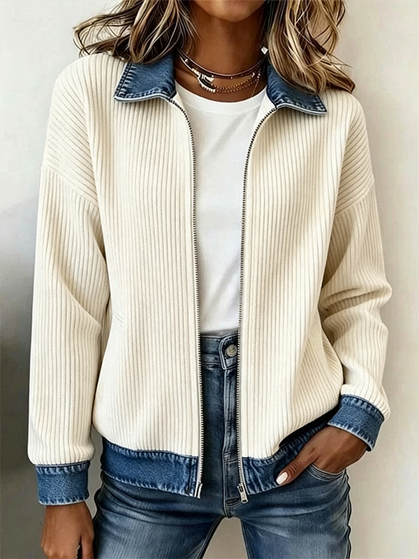 Ribbed Knit Zip Jacket with Denim Trim