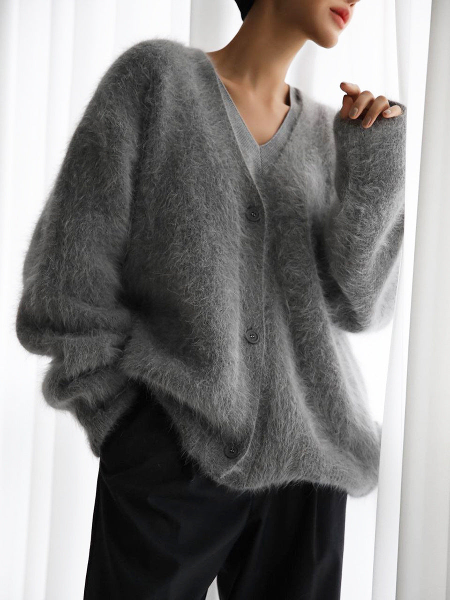 Fuzzy Oversized V-Neck Button Cardigan