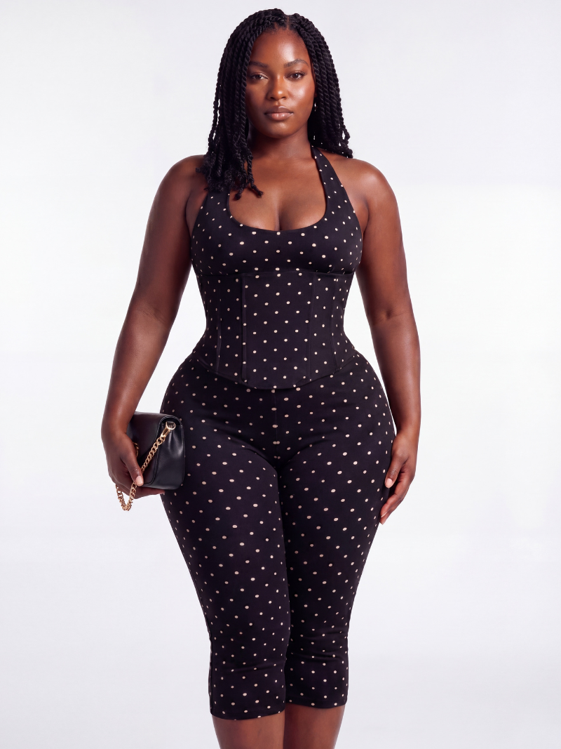 Polka Dot Halter Capri Jumpsuit with Corset Belt