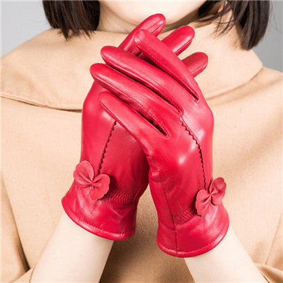 Bow-Trim Leather-Look Winter Gloves