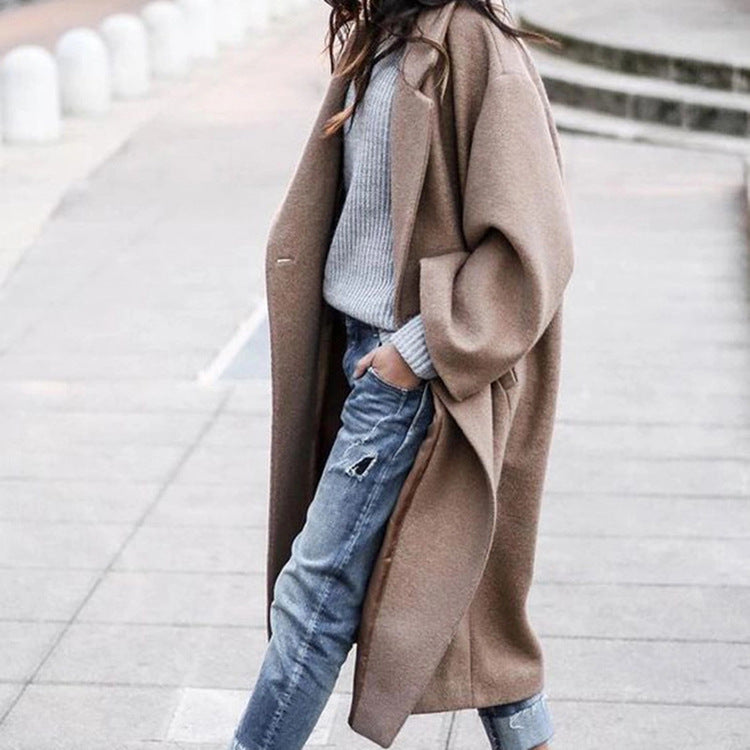 Long Wool-Look Lapel Coat with Pockets