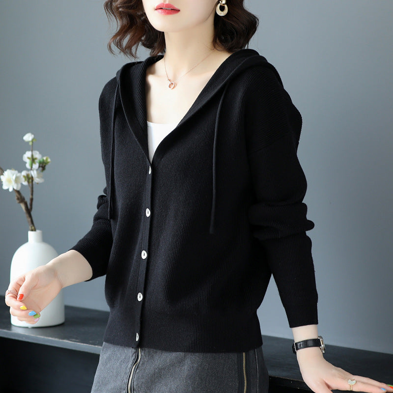 Hooded Button-Front Knit Cardigan