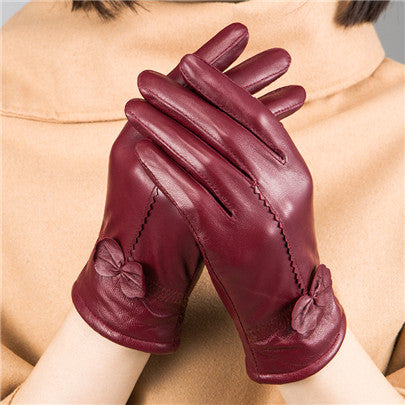 Bow-Trim Leather-Look Winter Gloves