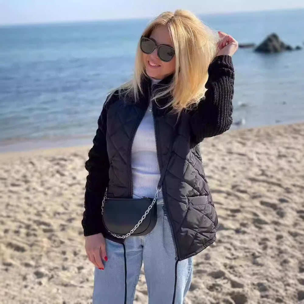 Quilted Zip Jacket with Cable-Knit Sleeves