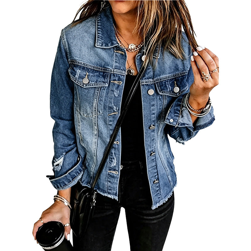Frayed-Hem Distressed Denim Jacket